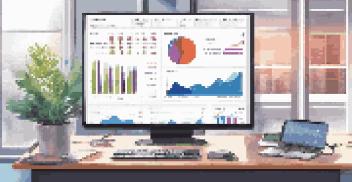 A computer screen displaying a colorful IT service management dashboard with analytics and performance metrics, set in a bright and stylish workspace.