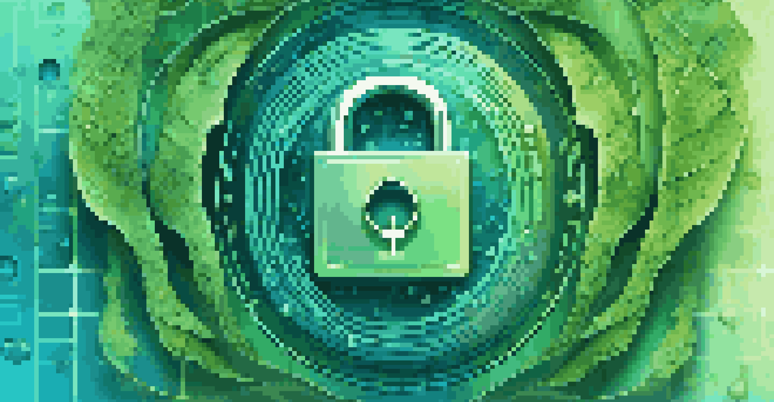 An abstract image of a digital lock and binary code, with natural elements representing data privacy.
