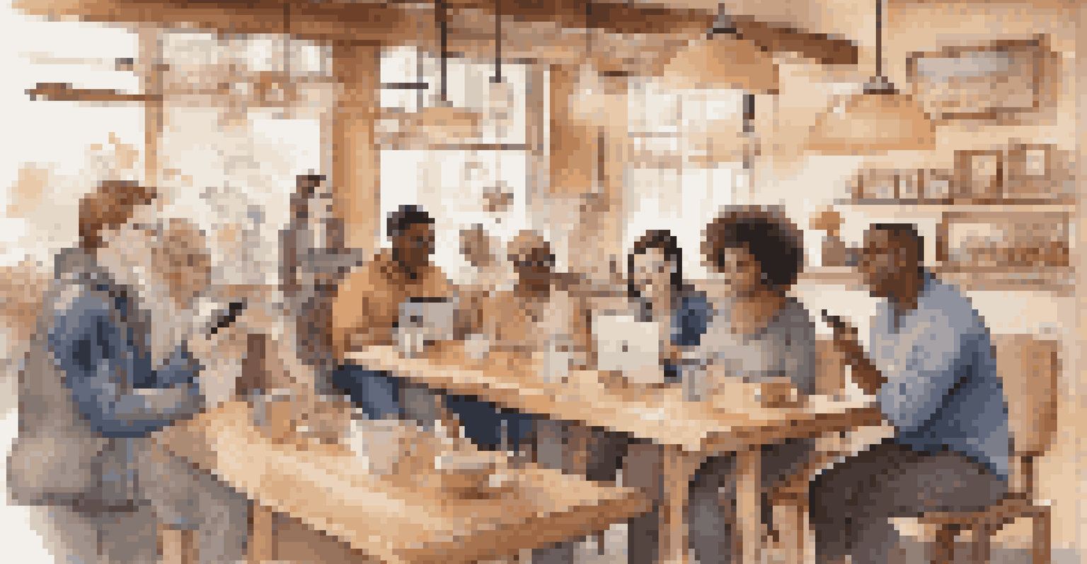 A diverse group of individuals using smartphones and tablets with voice recognition technology in a cozy cafe setting, featuring warm lighting and wooden decor.