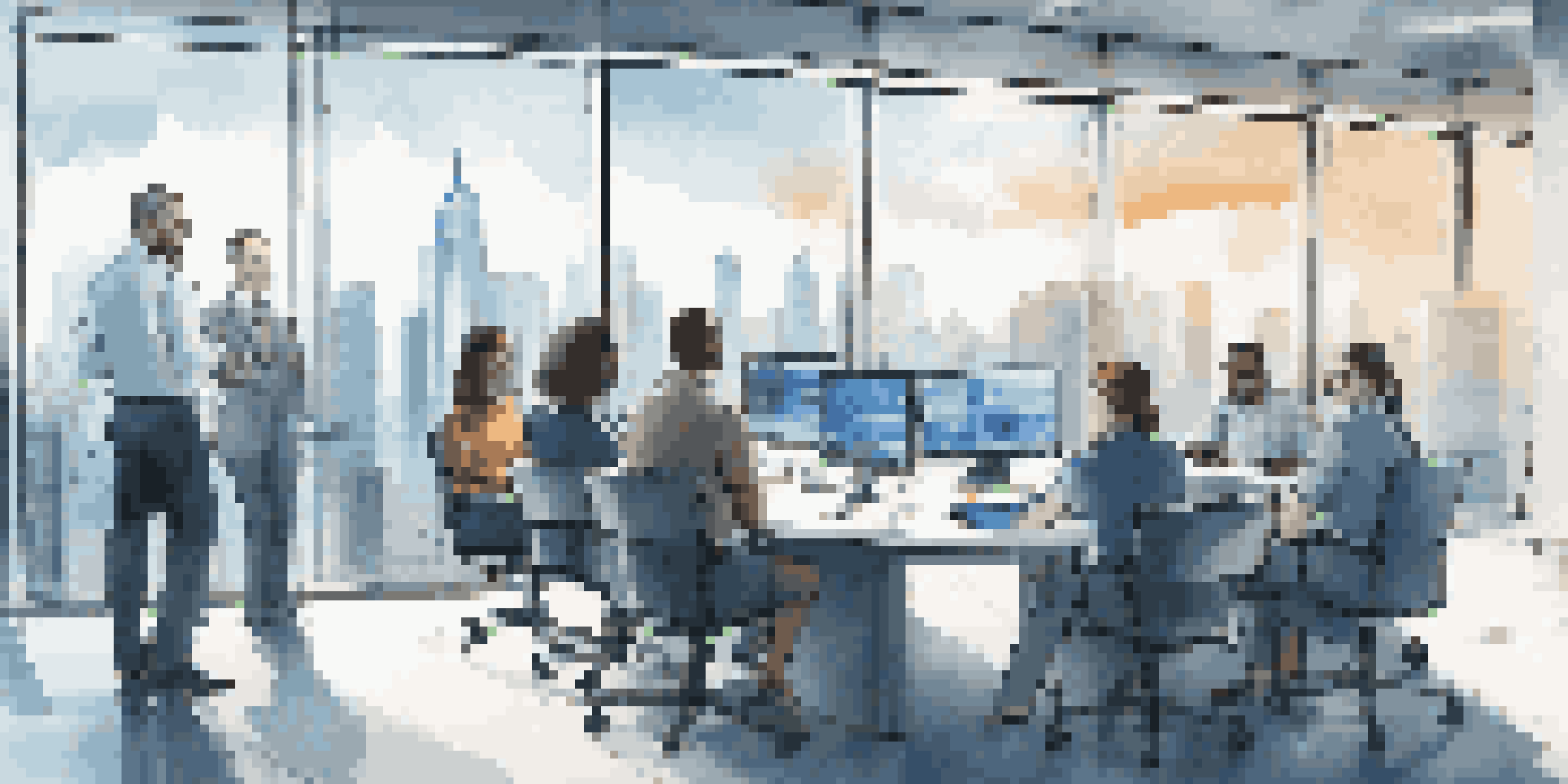 A diverse group of employees in a modern office discussing cloud security practices, with a digital infographic on a screen.