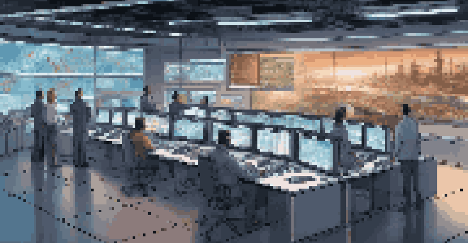 A modern control room with multiple screens displaying digital twins of infrastructure, with professionals collaborating.