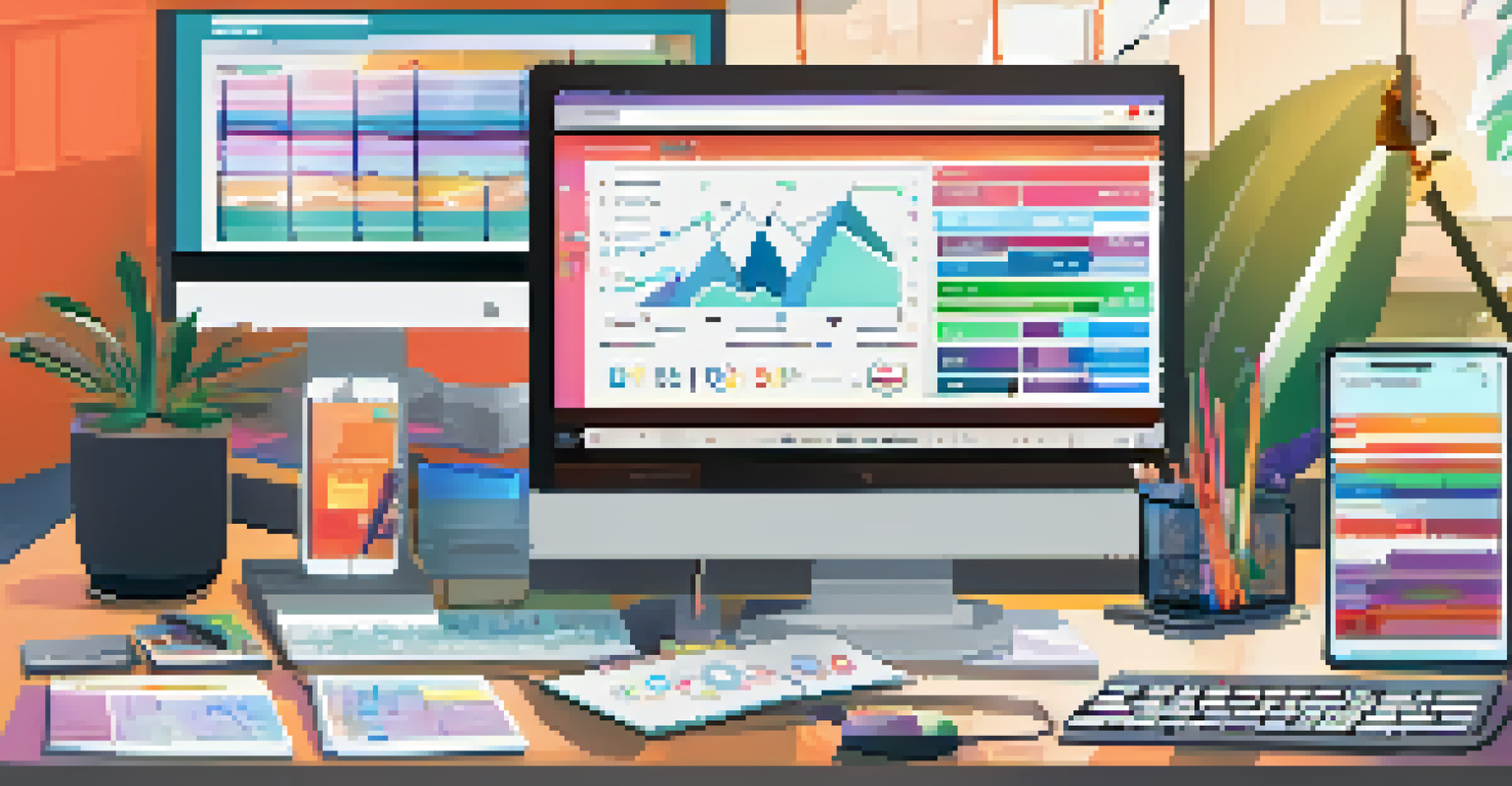 A modern digital marketing workspace with screens showing user data analytics and notes about personalization.