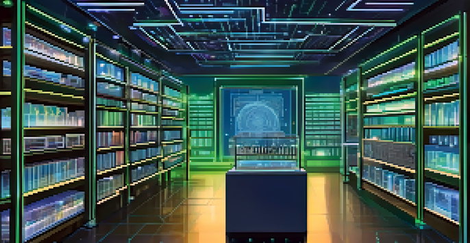 A modern laboratory with a quantum computer featuring glowing qubits and complex data visualizations, surrounded by high-tech equipment and soft blue lighting.