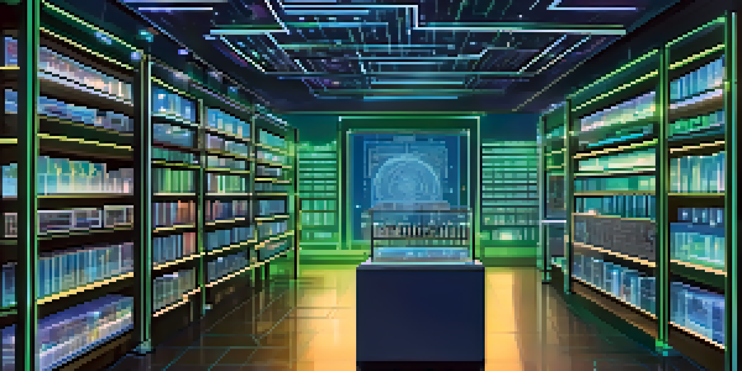 A modern laboratory with a quantum computer featuring glowing qubits and complex data visualizations, surrounded by high-tech equipment and soft blue lighting.