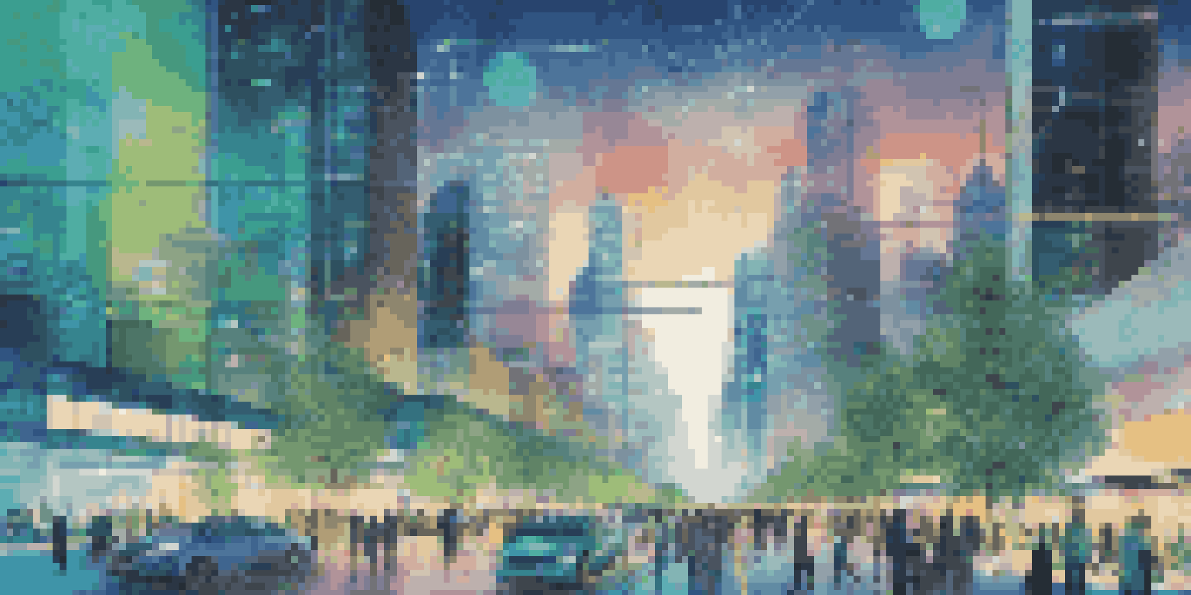 A futuristic digital representation of a smart city with glowing data visualizations and interconnected buildings, illuminated by evening lights.