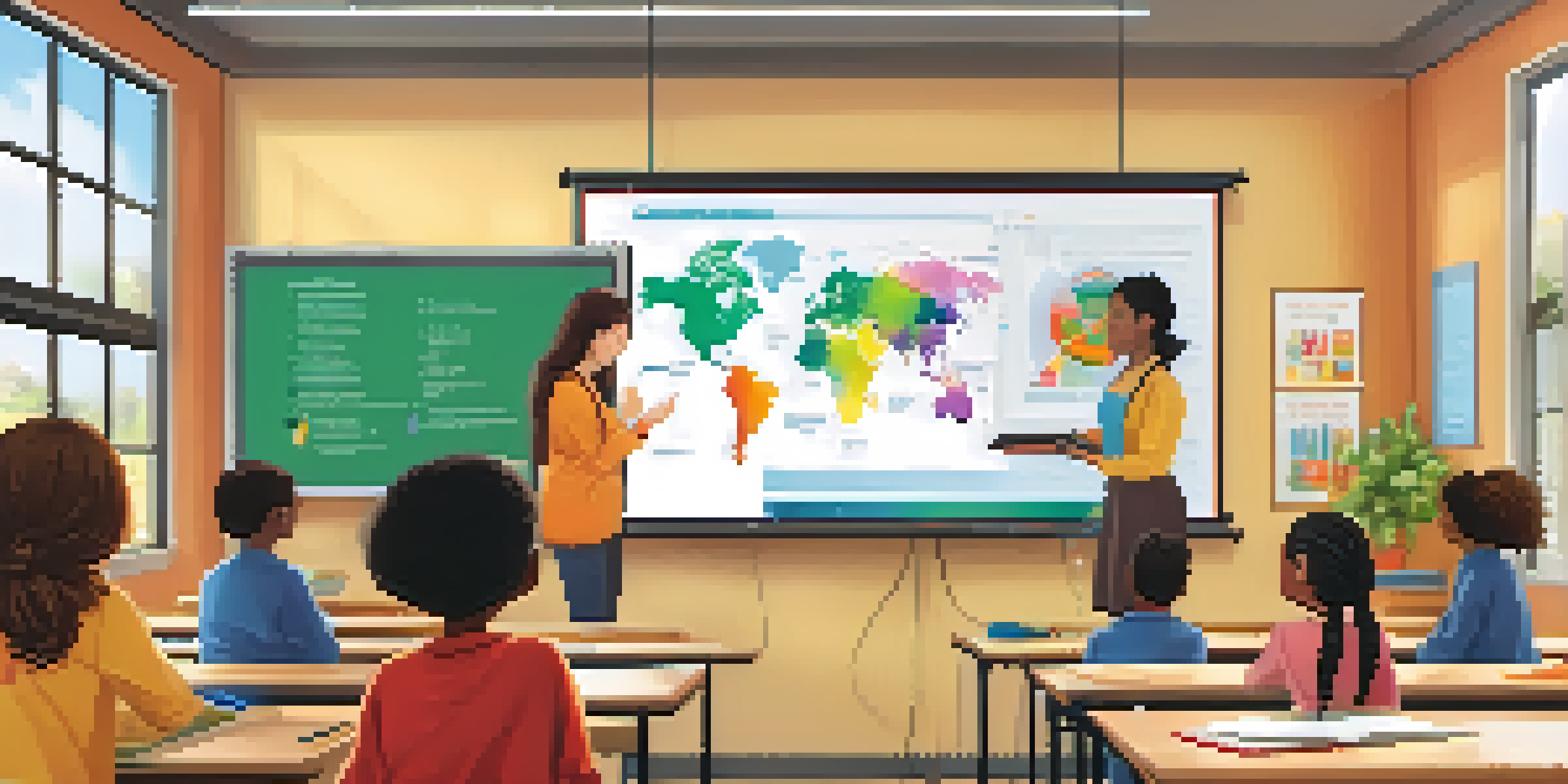 A bright classroom with students using technology for learning, featuring a teacher guiding them.