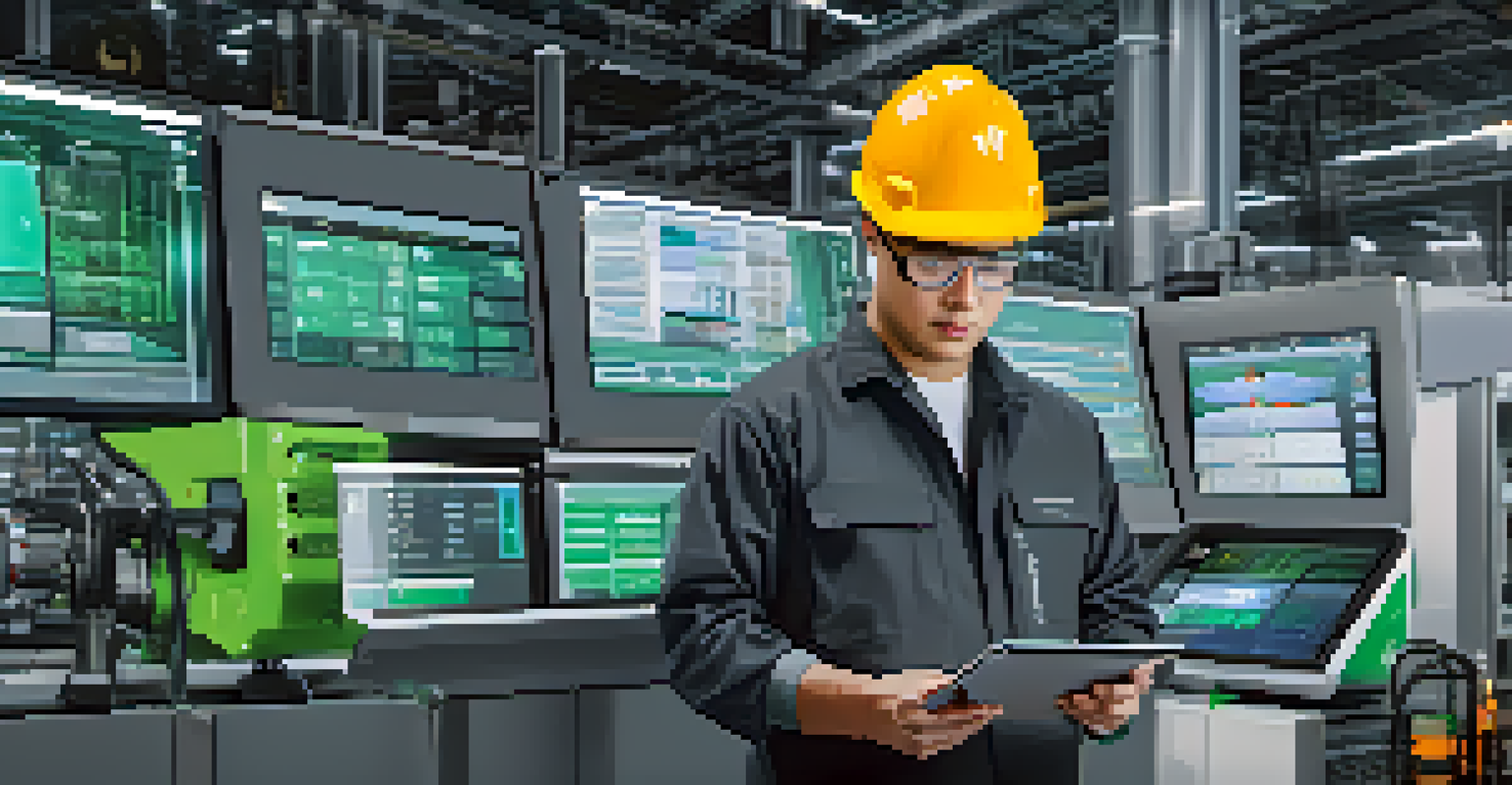 An engineer monitoring machine operations in a smart factory, using a tablet and surrounded by digital displays.