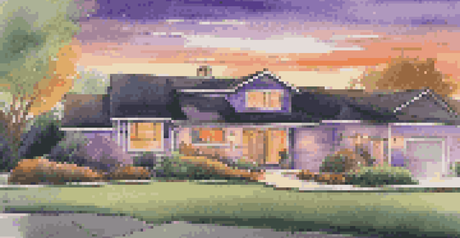 A picturesque home featuring smart security cameras and motion sensor lights, set against a vibrant sunset sky.
