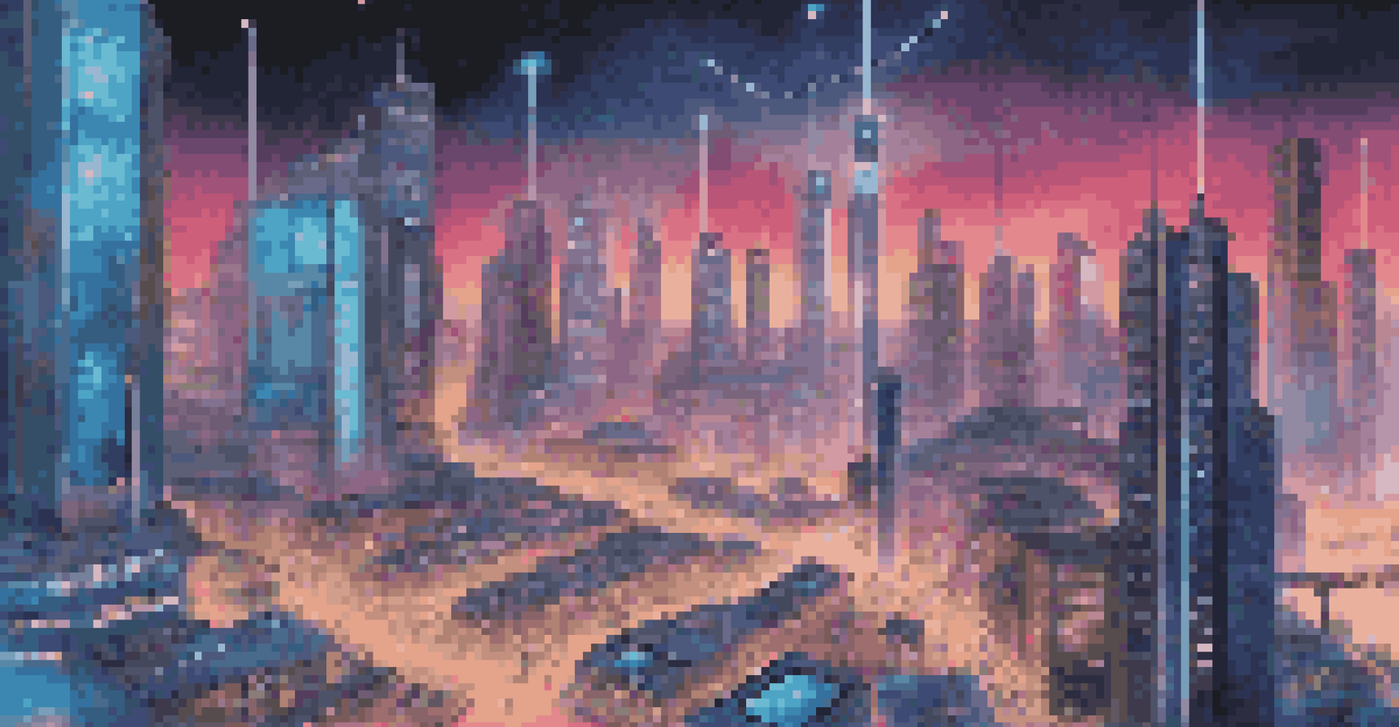 A futuristic cityscape with buildings showcasing blockchain technology on digital screens, drones flying above, and people using mobile devices in a neon-lit environment.
