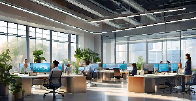 A diverse group of employees discussing social media analytics in a bright modern office setting, with a digital screen showing colorful graphs.