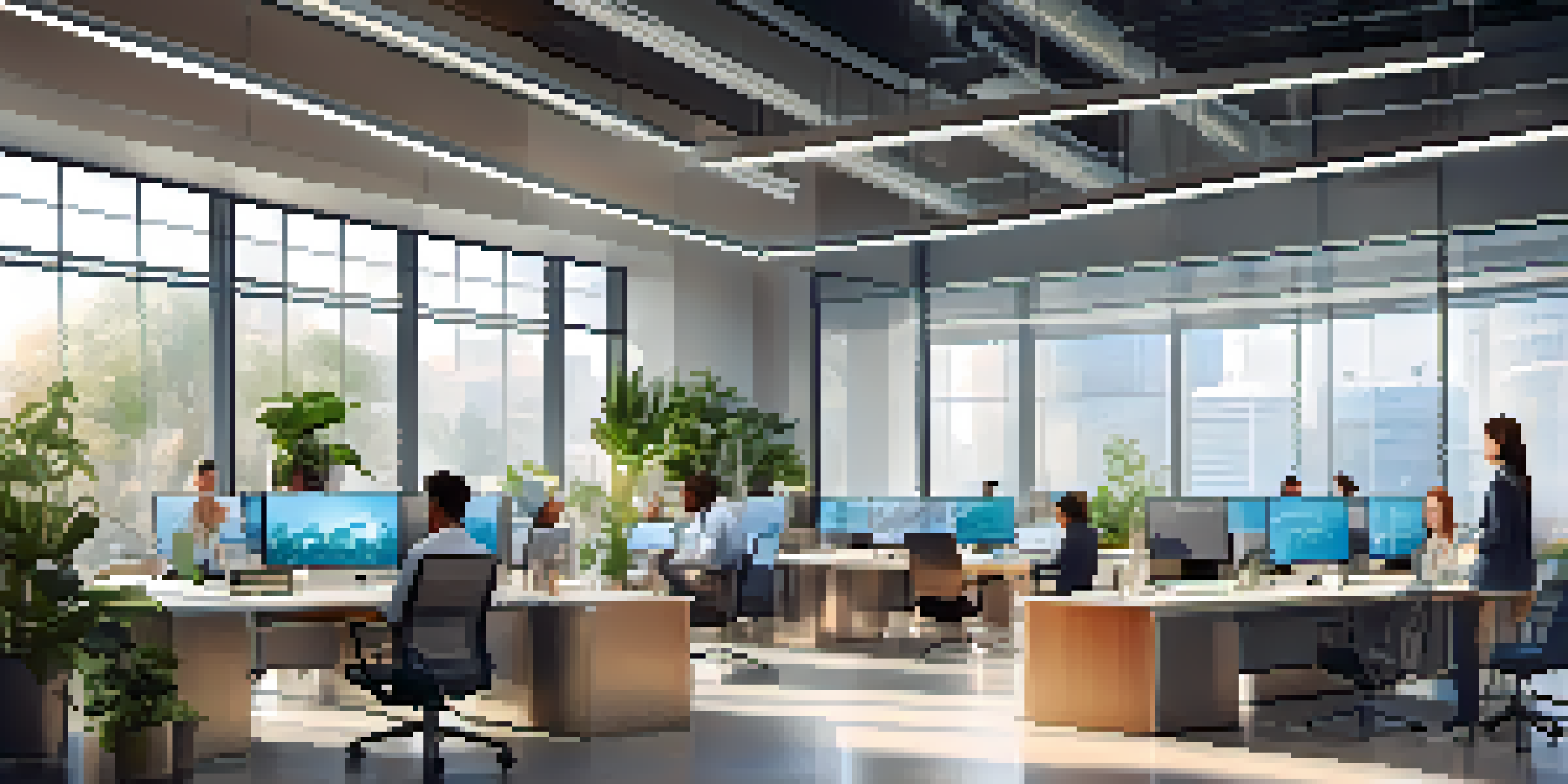 A diverse group of employees discussing social media analytics in a bright modern office setting, with a digital screen showing colorful graphs.