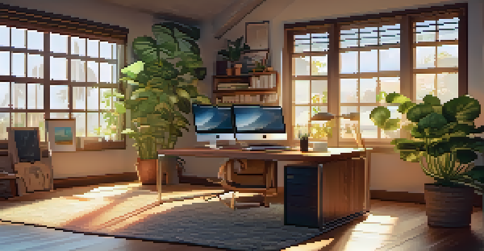 A cozy home office with a wooden desk and a laptop, illuminated by soft sunlight.