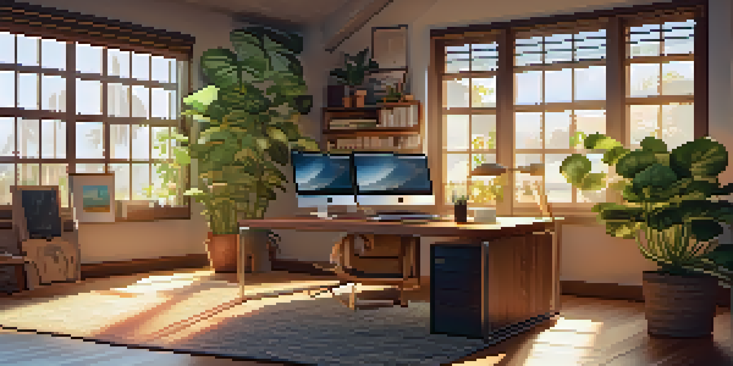A cozy home office with a wooden desk and a laptop, illuminated by soft sunlight.