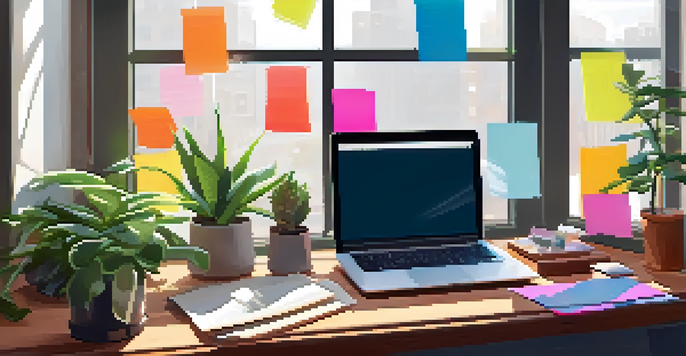 A modern workspace with a laptop, sticky notes, a coffee mug, and a potted plant, illuminated by soft natural light.
