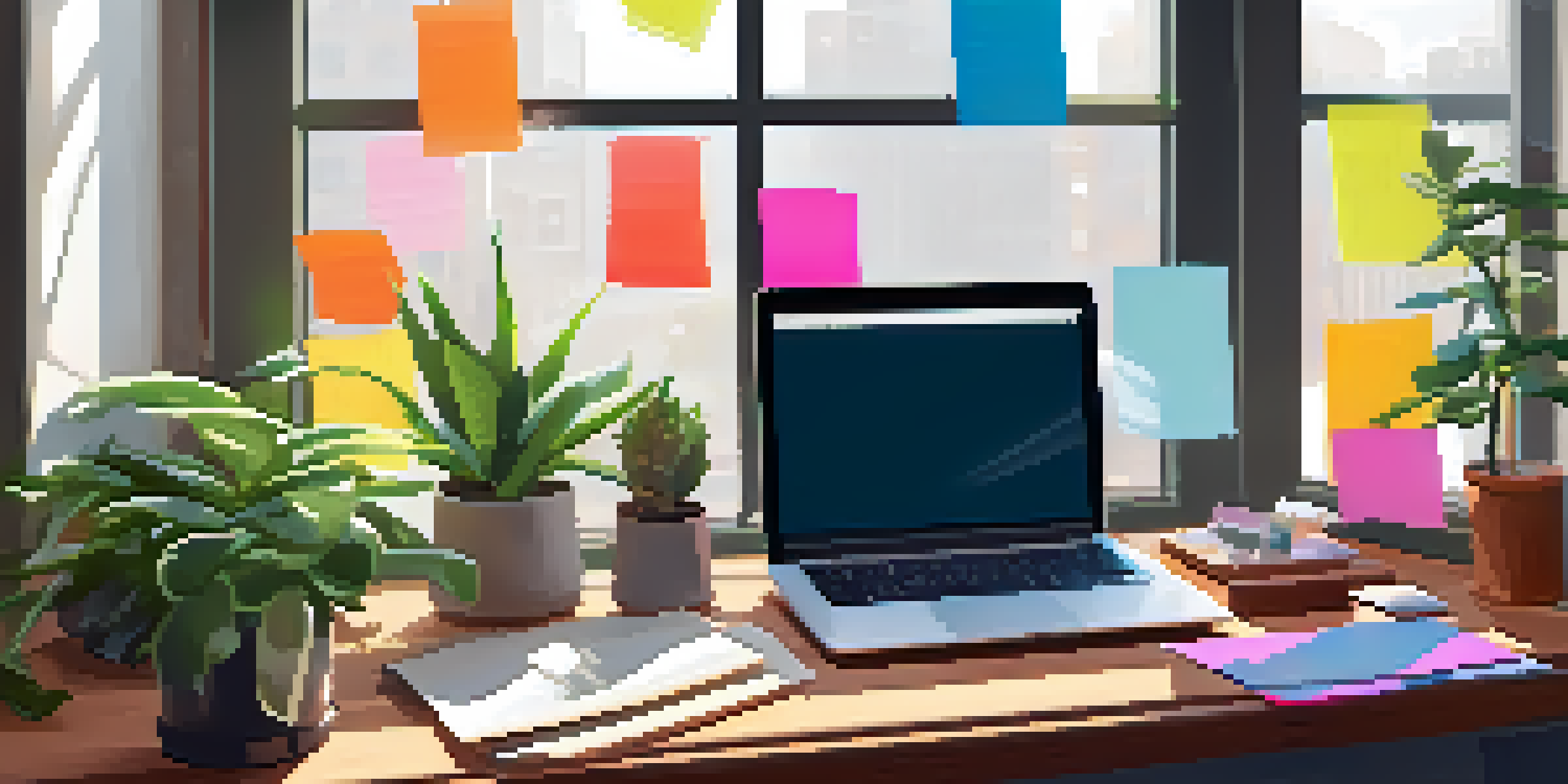 A modern workspace with a laptop, sticky notes, a coffee mug, and a potted plant, illuminated by soft natural light.