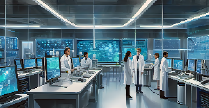 A modern laboratory with scientists using quantum technology, featuring high-tech equipment and bright lighting.
