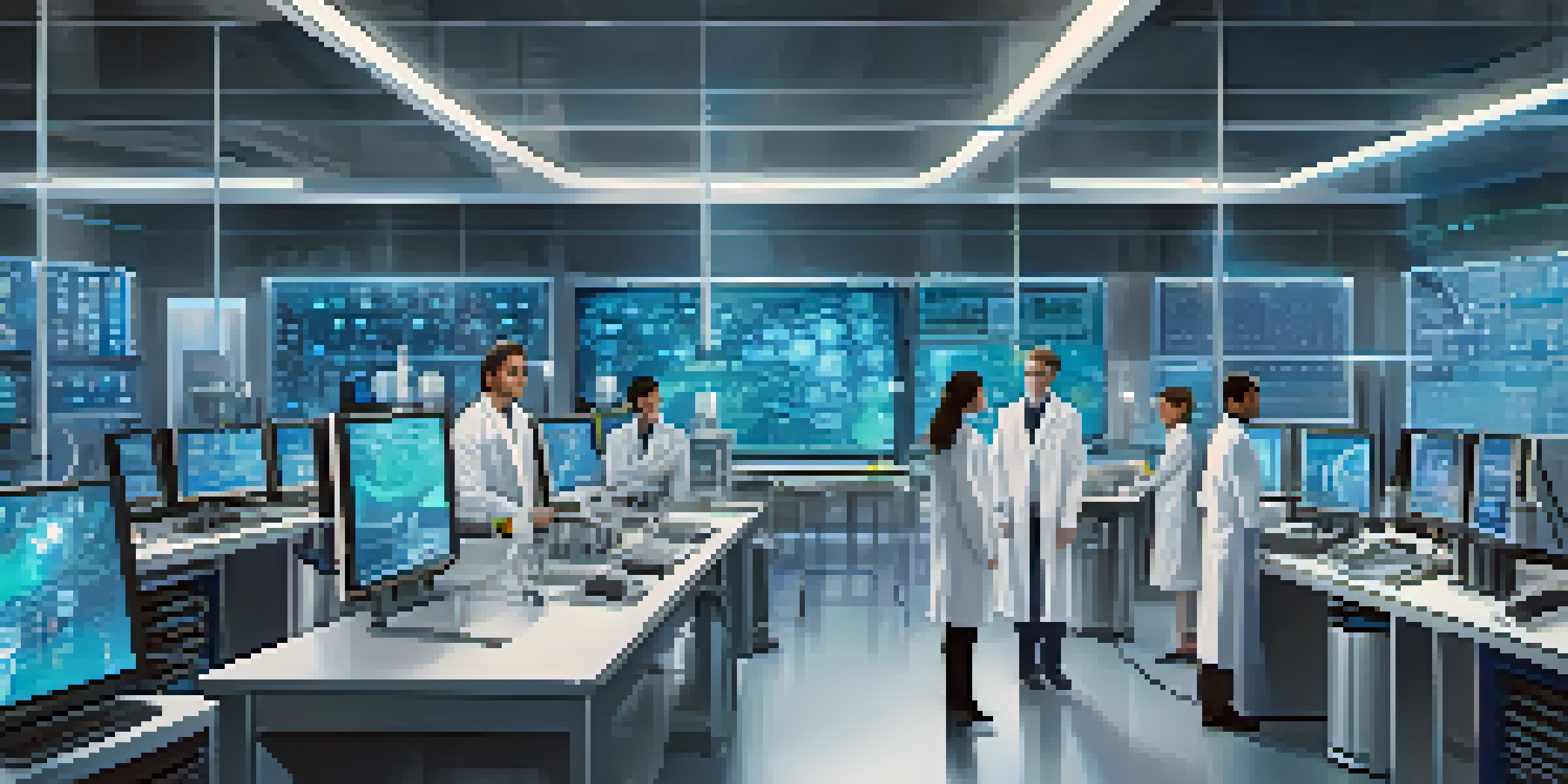 A modern laboratory with scientists using quantum technology, featuring high-tech equipment and bright lighting.