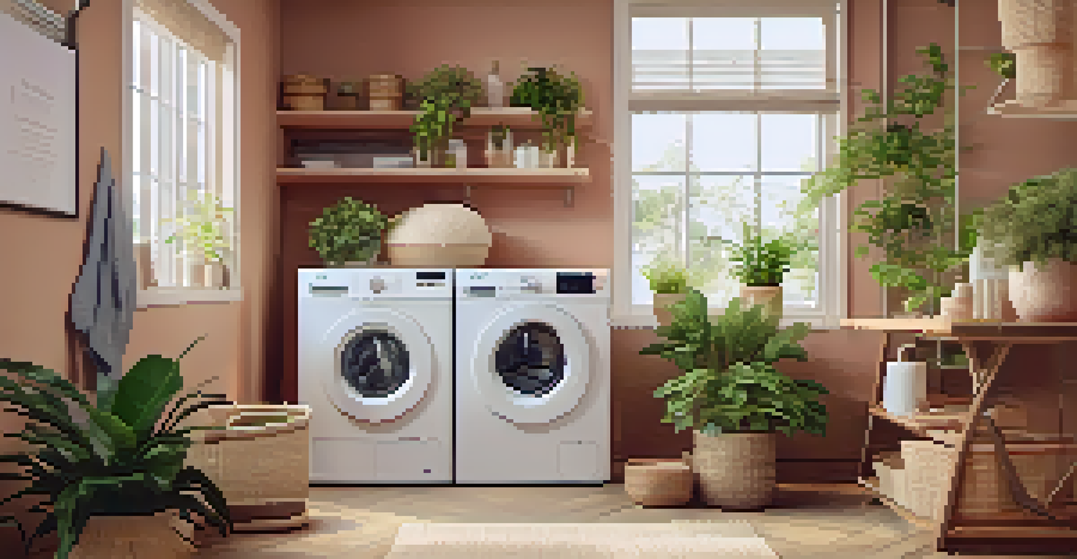 A cozy laundry room with a smart washing machine in operation and a smartphone displaying a notification.
