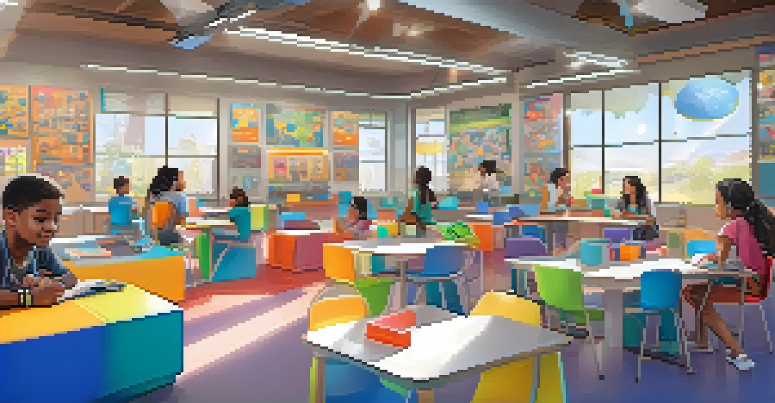 Students engaging in gamified learning with AI-driven educational games in a colorful classroom filled with learning aids.