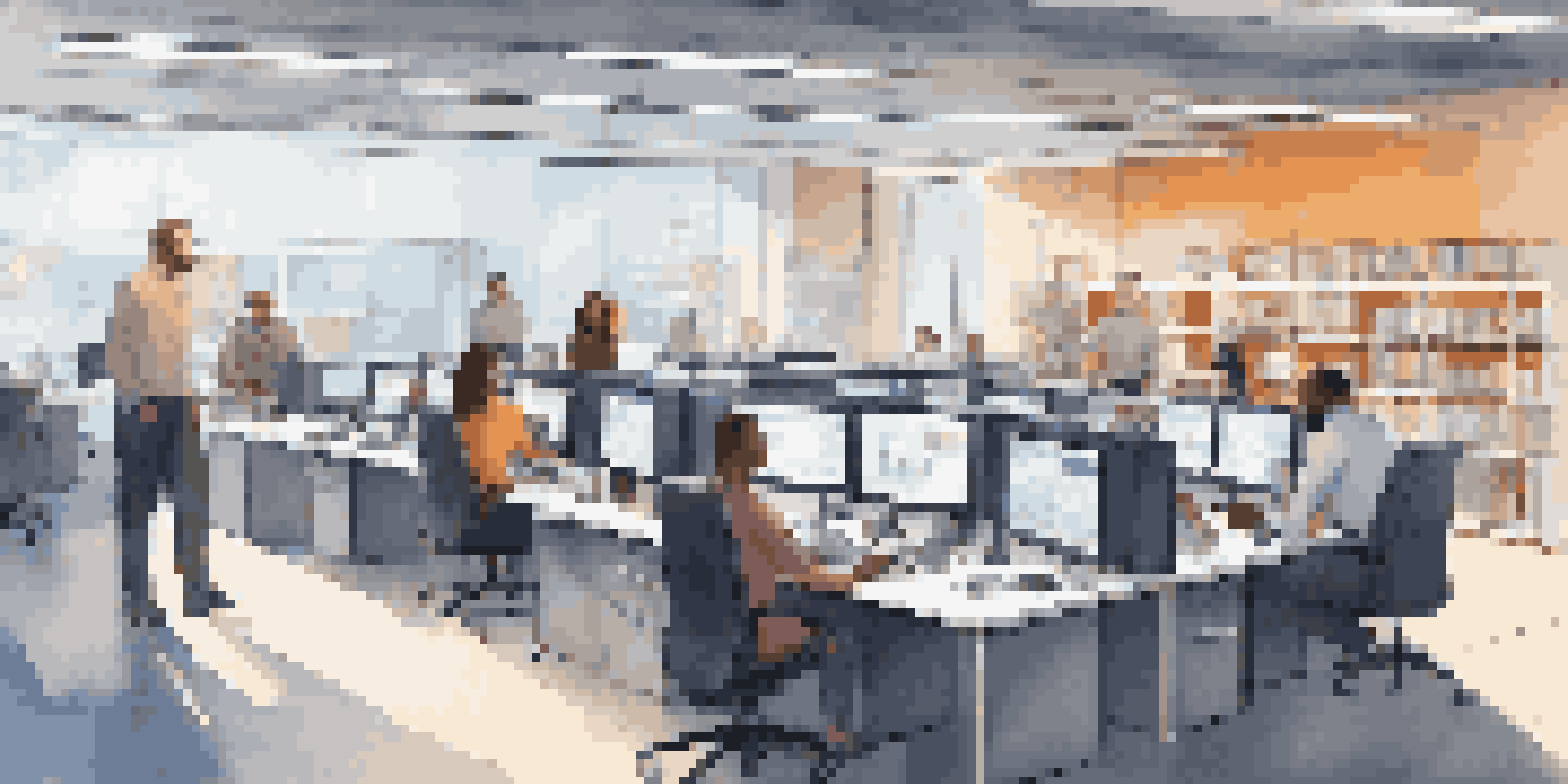 A diverse group of customer support team members working in a high-tech office, surrounded by screens showing analytics and social media, with warm lighting and bookshelves in the background.