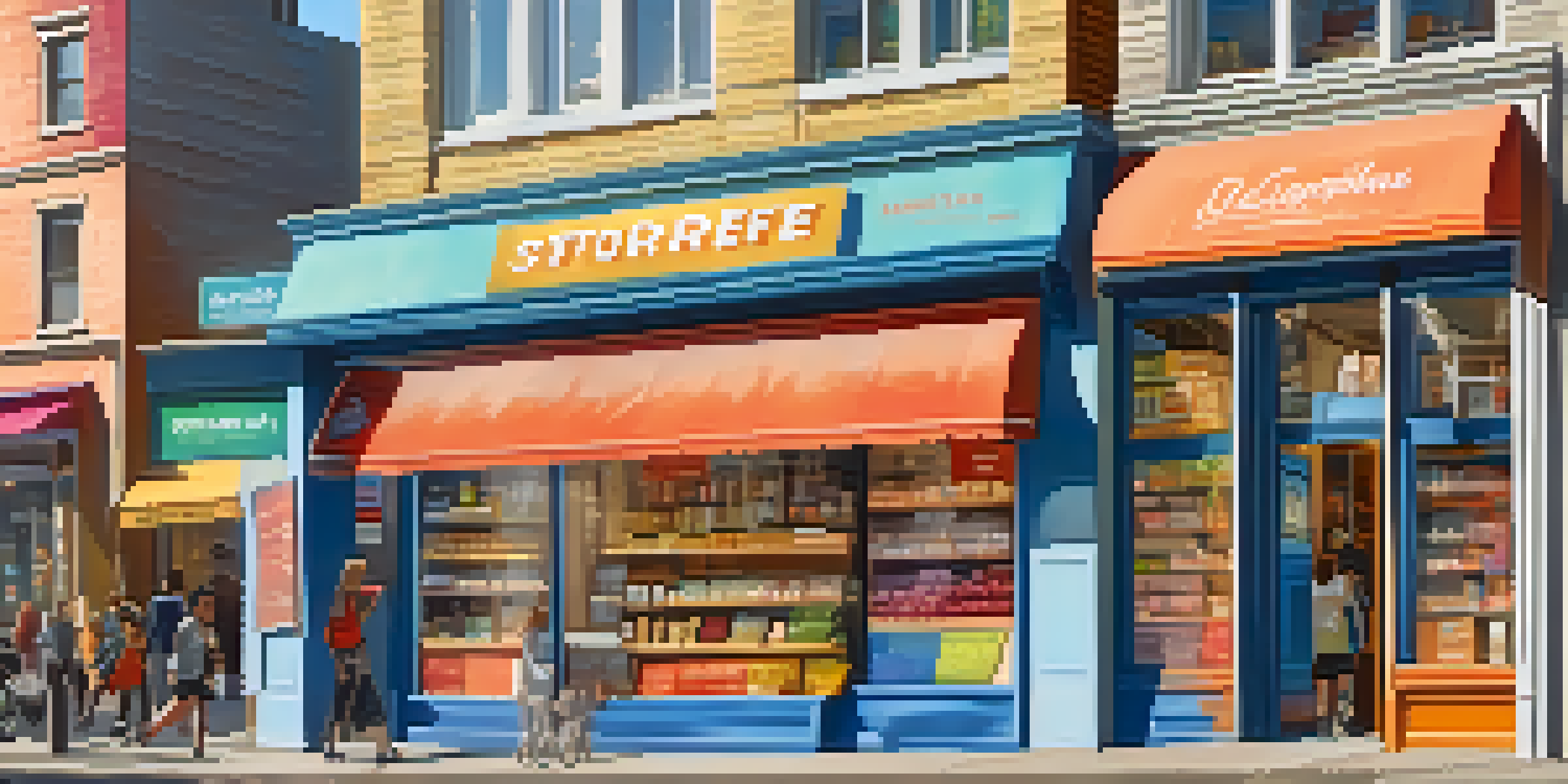 A bustling digital storefront with a computer displaying a colorful website, people walking by, and bright signage under a sunny sky.