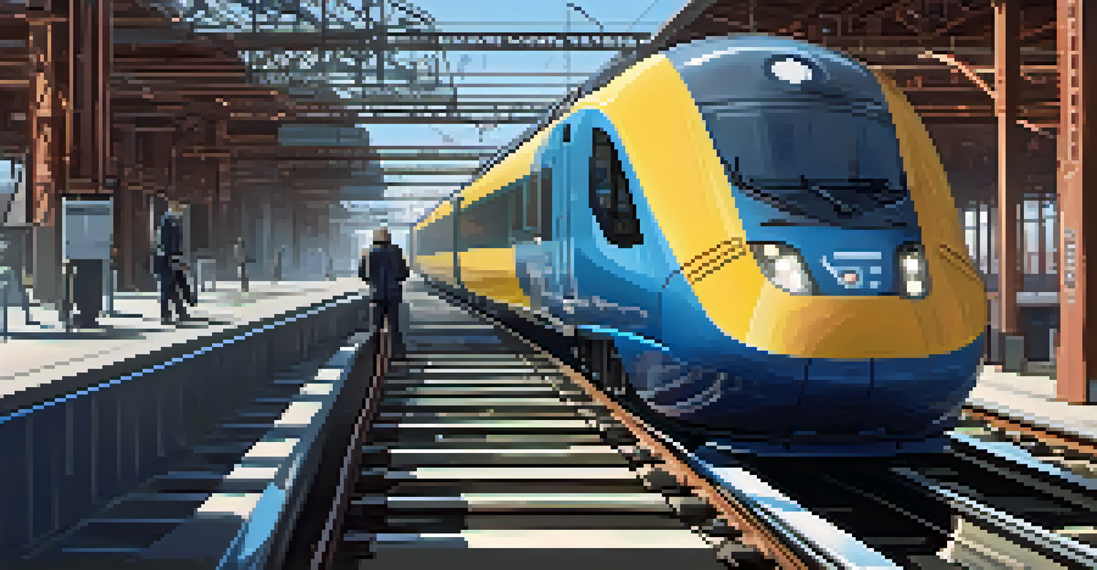 A technician inspecting a train on a sunny day, with a digital tablet showing maintenance analytics, highlighting technology in transportation.