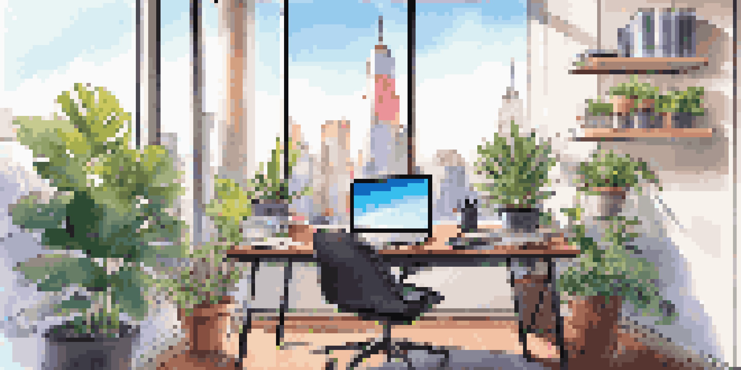 A bright and organized modern office desk with a laptop, plants, and city skyline visible through a window.