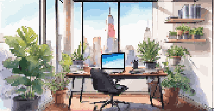 A bright and organized modern office desk with a laptop, plants, and city skyline visible through a window.