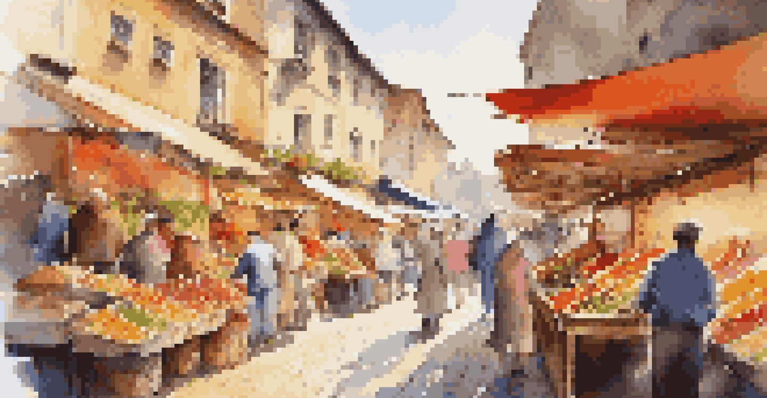 A lively outdoor market with colorful stalls filled with fruits and crafts, bustling with people under bright sunlight.