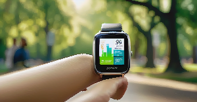 A smartwatch with health metrics displayed, surrounded by a blurred park scene with joggers in the background.