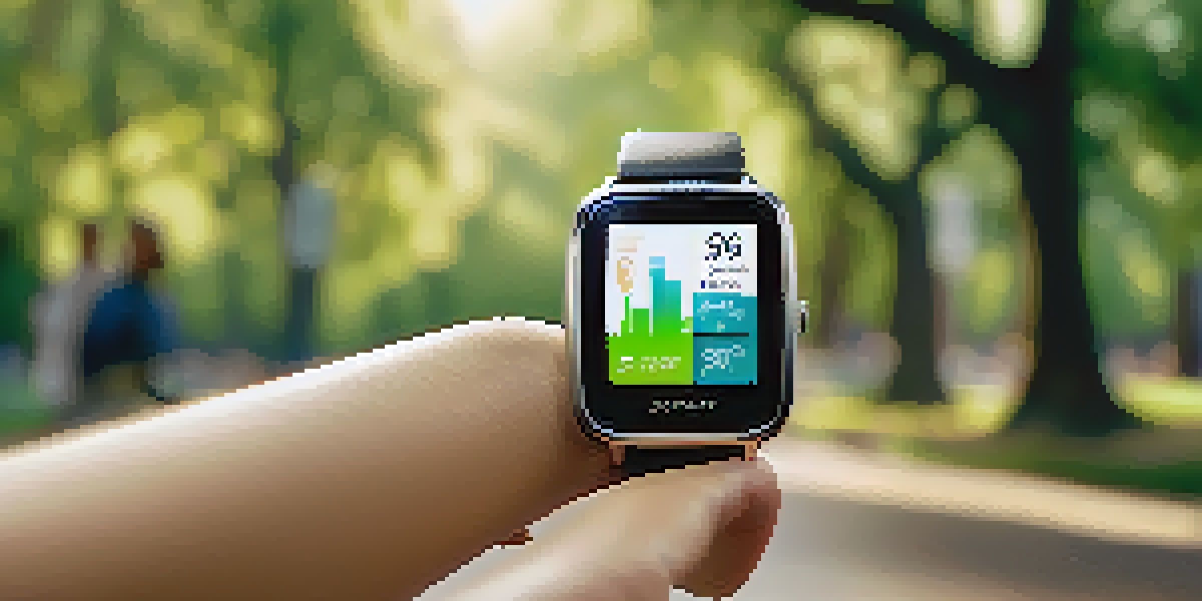 A smartwatch with health metrics displayed, surrounded by a blurred park scene with joggers in the background.