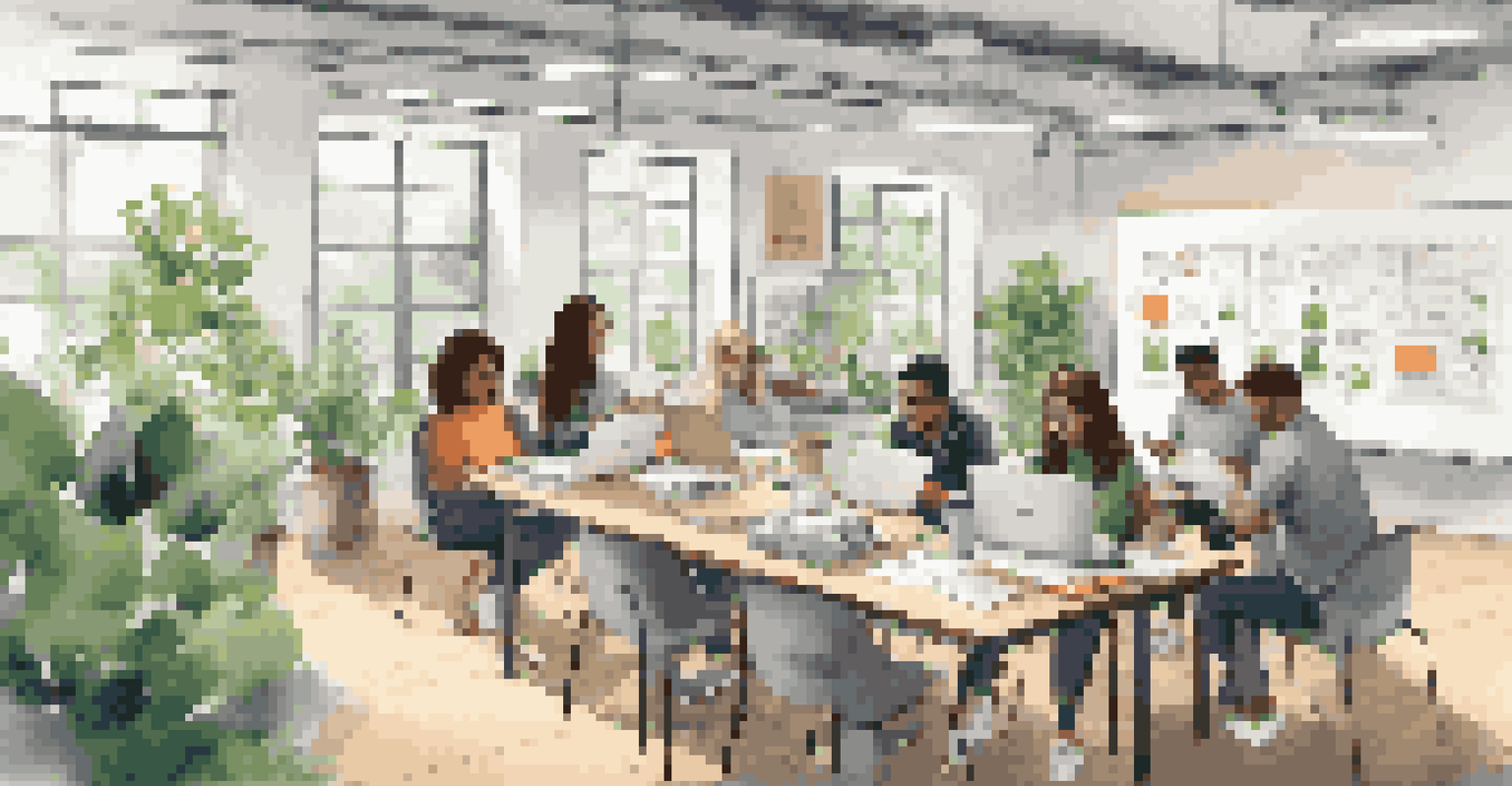 A collaborative workspace with educators and students sharing content on tablets and laptops, surrounded by greenery.