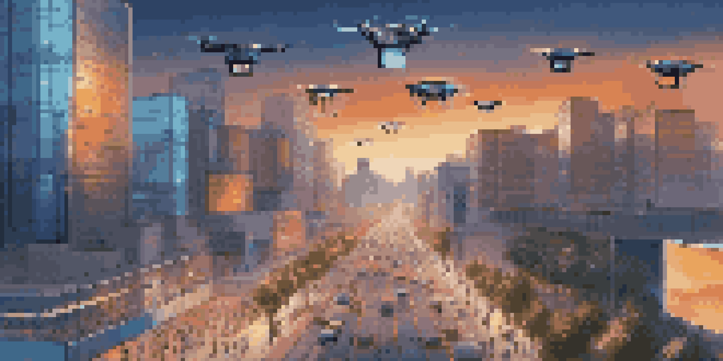 A smart city at dusk with glowing streetlights, digital billboards, and autonomous vehicles, showcasing edge computing technology.