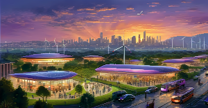 A modern smart city skyline at dusk, featuring illuminated buildings, a green park, and smart transport vehicles under a colorful sunset.