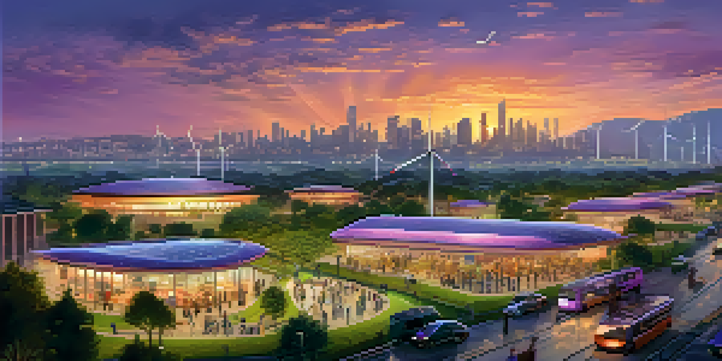 A modern smart city skyline at dusk, featuring illuminated buildings, a green park, and smart transport vehicles under a colorful sunset.