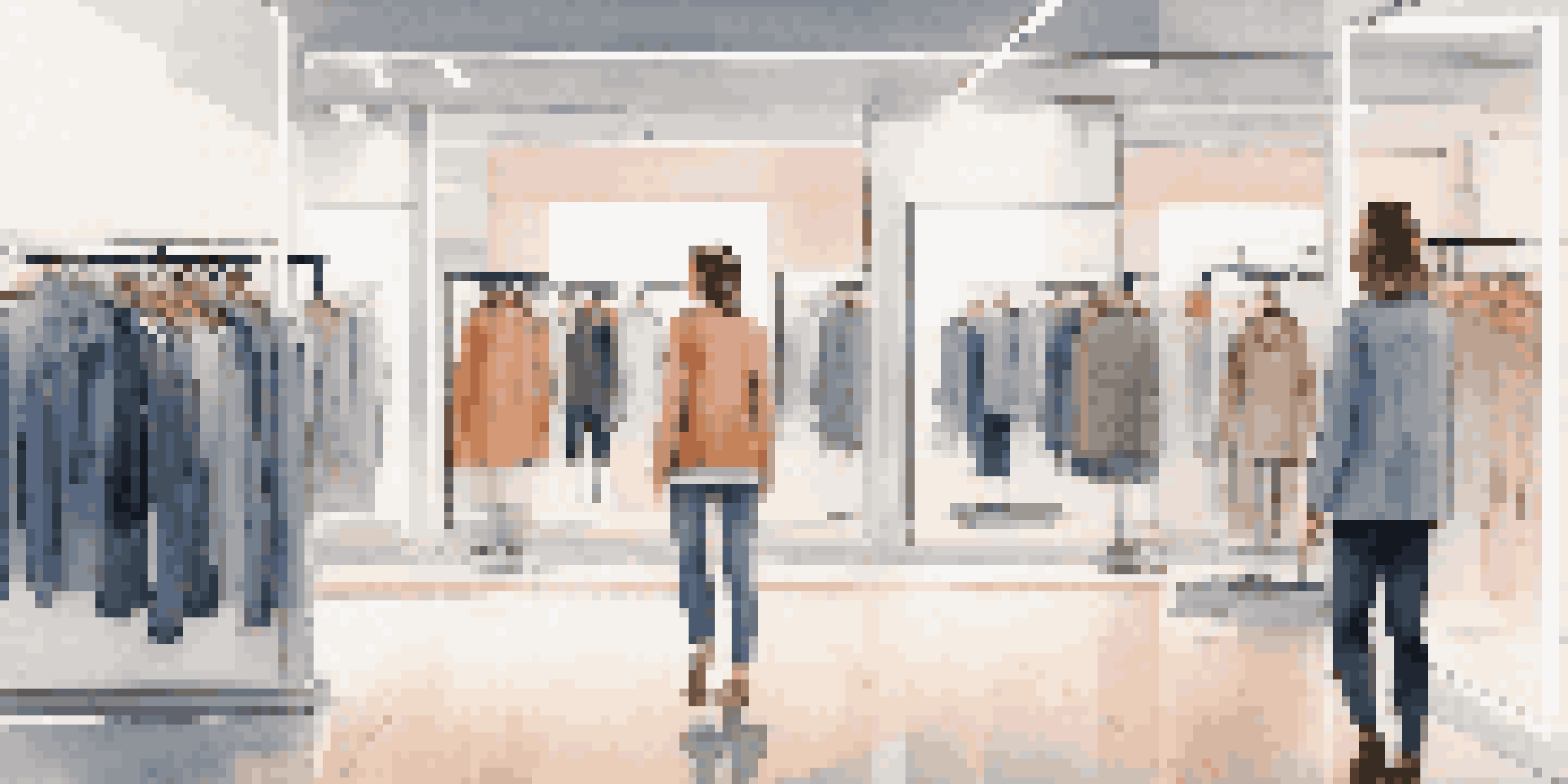 A bright and modern clothing store interior with smart mirrors suggesting outfits to shoppers, creating an engaging shopping experience.