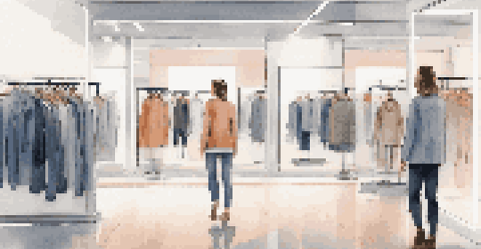 A bright and modern clothing store interior with smart mirrors suggesting outfits to shoppers, creating an engaging shopping experience.