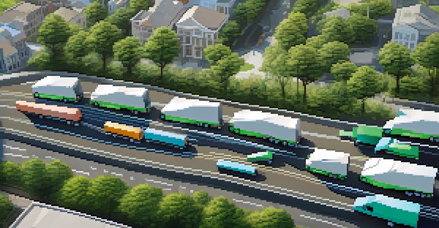 Aerial view of a city with delivery trucks on optimized routes overlaid on a digital map, vibrant and efficient.