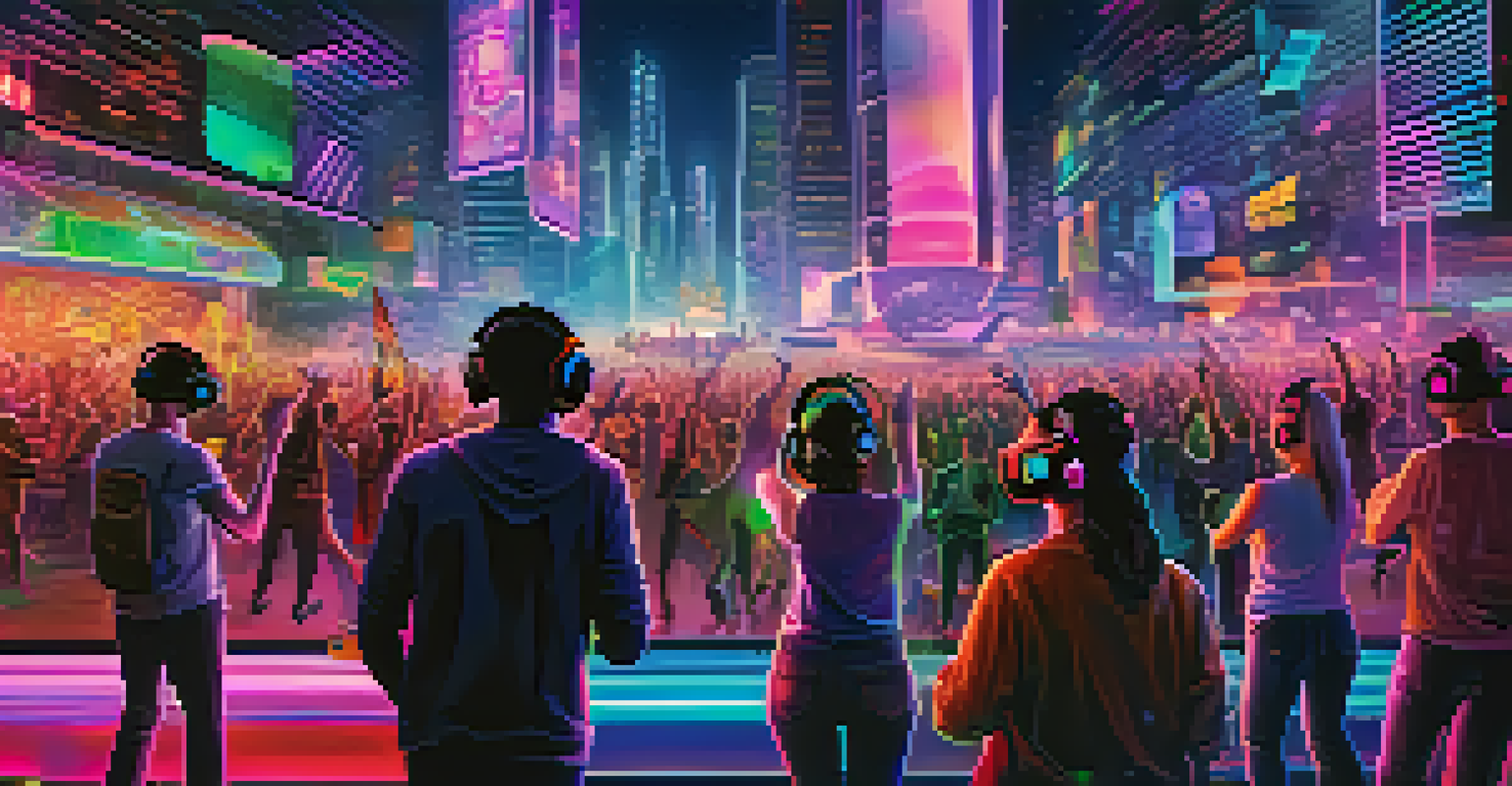 Fans at a virtual reality concert in a futuristic city, wearing headsets and surrounded by colorful, surreal visuals and digital avatars of performers.