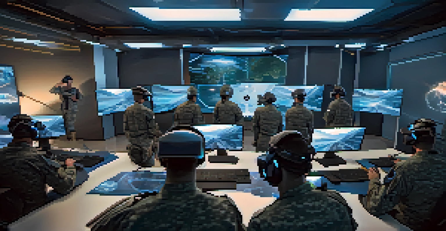 Aerial view of soldiers engaged in a collaborative virtual reality training session from different locations, connected through digital interfaces.