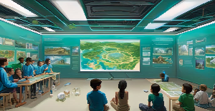 A colorful classroom where students are using virtual reality headsets to learn about ancient civilizations, surrounded by holographic images and educational posters.
