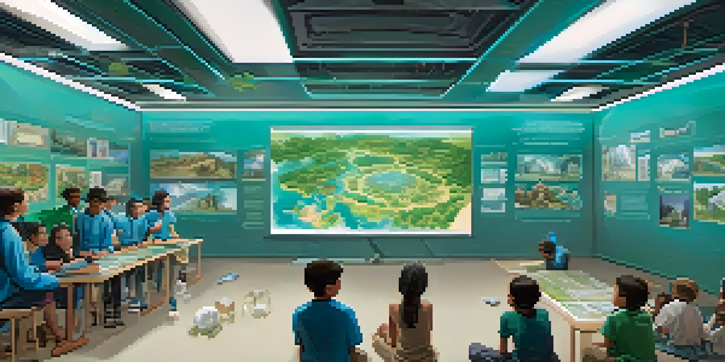 A colorful classroom where students are using virtual reality headsets to learn about ancient civilizations, surrounded by holographic images and educational posters.