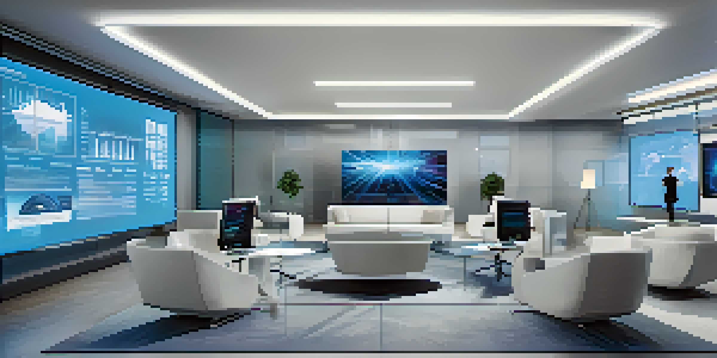 A modern office with professionals analyzing data on large screens, showcasing advanced technology and collaboration.