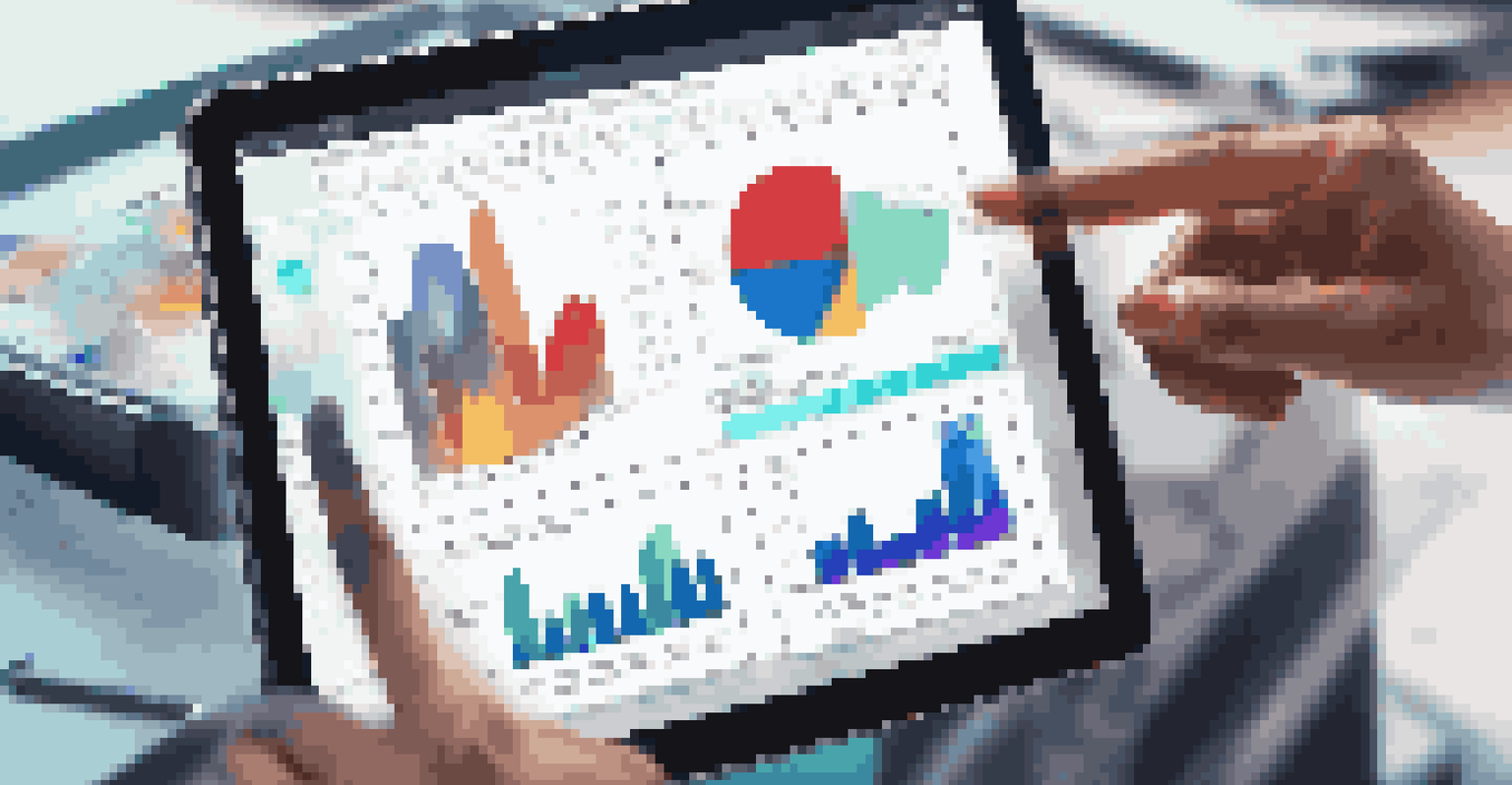 A close-up of hands using a tablet to interact with colorful data visualizations in an office environment.