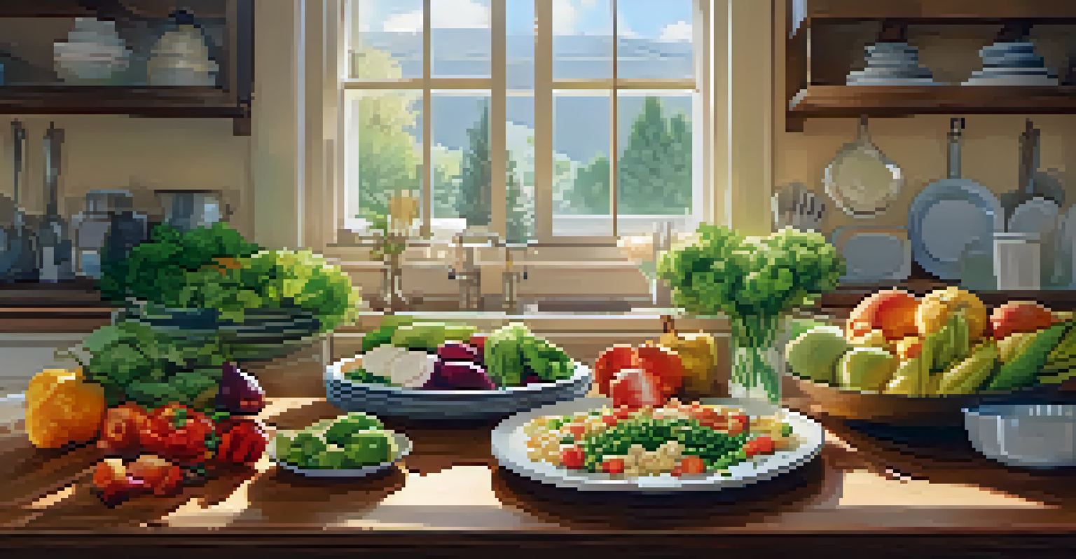 A warm kitchen setting displaying a meal kit delivery with fresh ingredients and a recipe card on a wooden table, emphasizing convenience and home cooking.