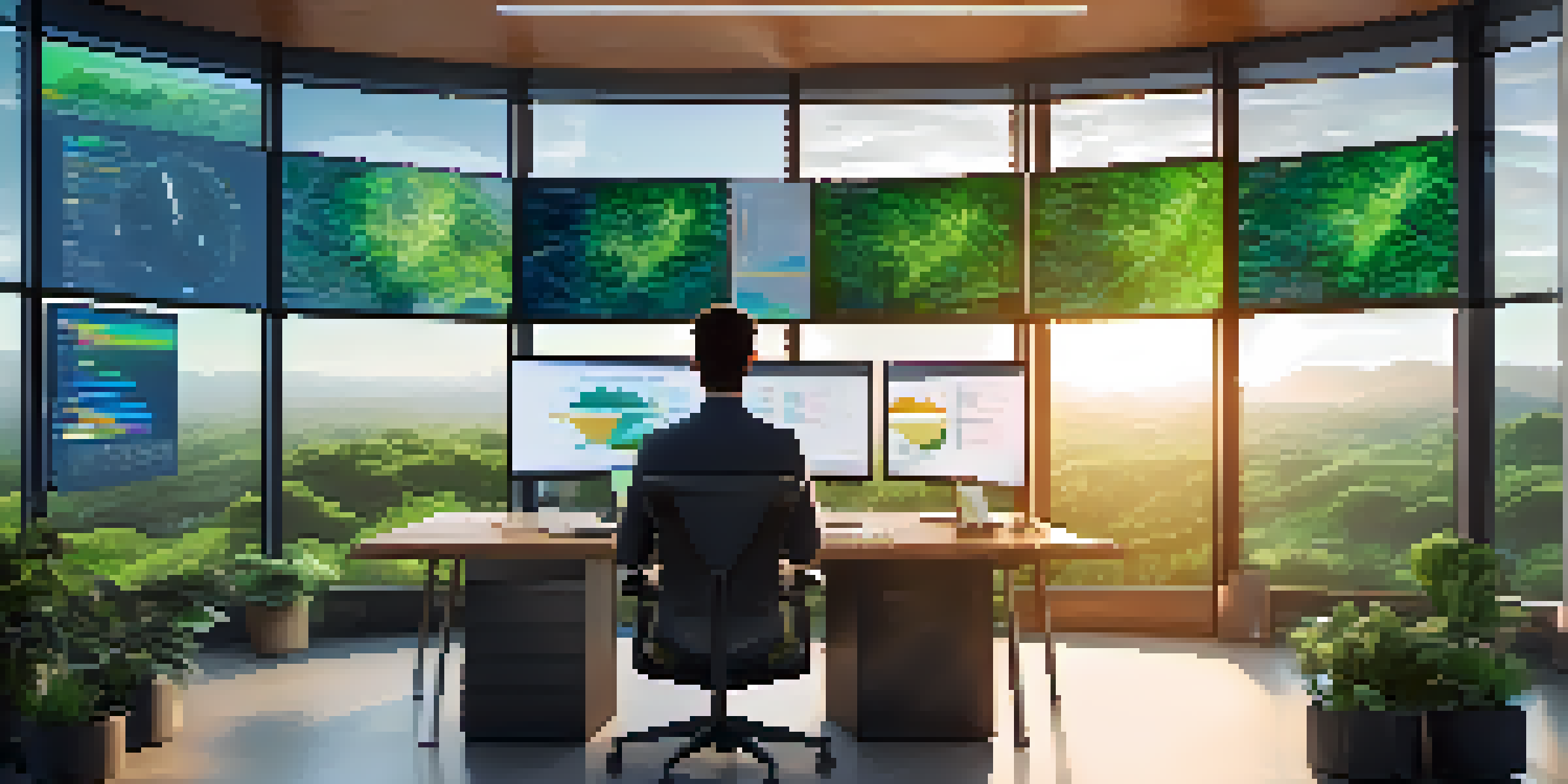 A data scientist working on a laptop in a bright office with large screens displaying colorful data visualizations and green plants around.