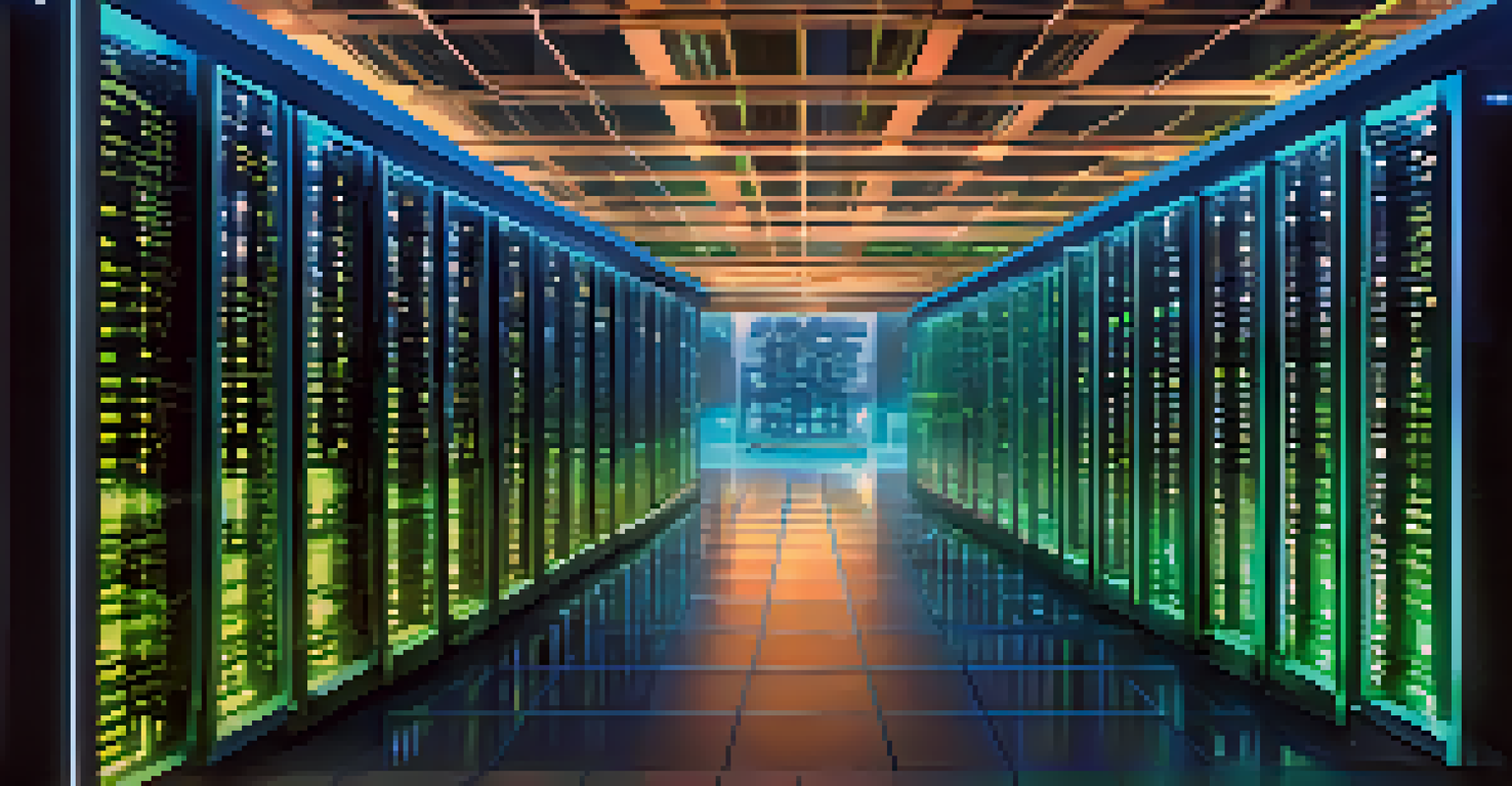 A futuristic data center scene with glowing servers and visual representations of encryption processes in a high-tech environment.