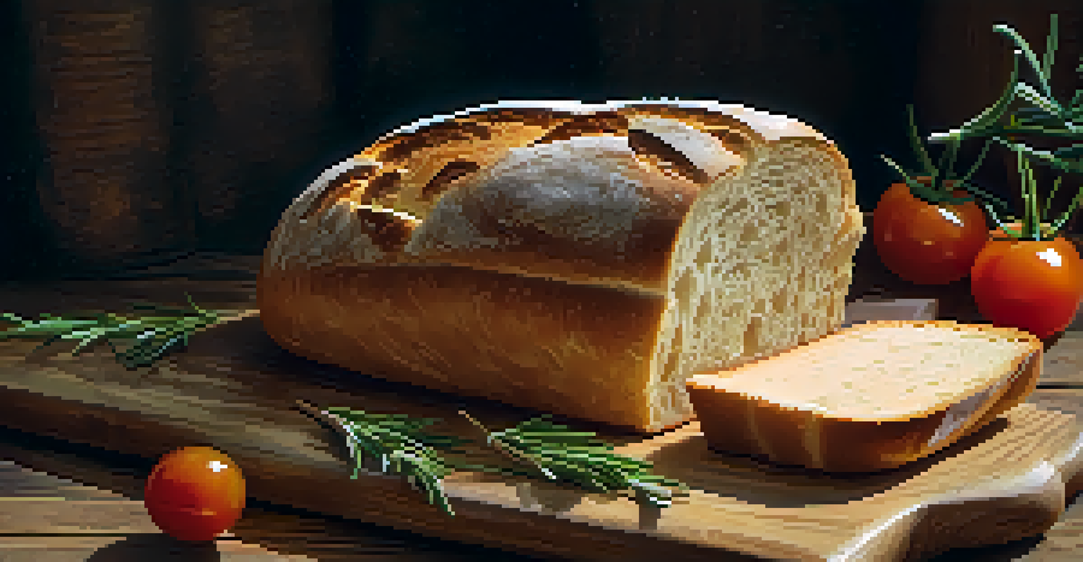 A close-up of a golden artisan bread loaf on a cutting board, surrounded by fresh ingredients.