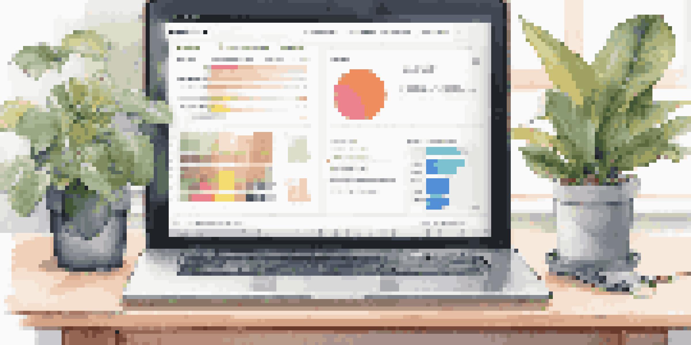 A modern laptop displaying a UX portfolio with colorful case studies in a bright workspace.