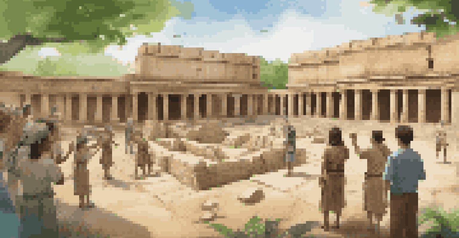 Students in an outdoor setting exploring a virtual ancient civilization through AR glasses, surrounded by greenery and historical artifacts.